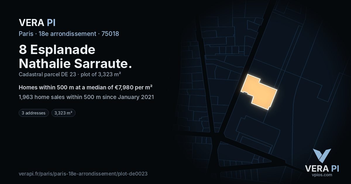 8 Esplanade Nathalie Sarraute, 18e arrondissement at night – the plot lit, the parcels around coloured by the prices near them