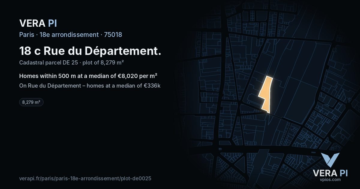 18 c Rue du Département, 18e arrondissement at night – the plot lit, the parcels around coloured by the prices near them