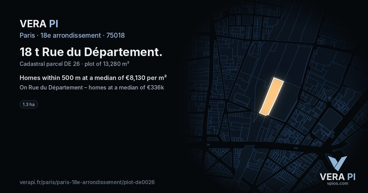 18 t Rue du Département, 18e arrondissement at night – the plot lit, the parcels around coloured by the prices near them