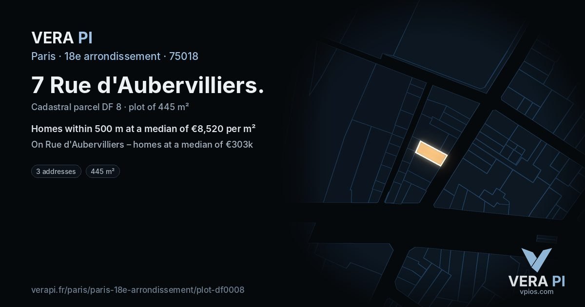 7 Rue d'Aubervilliers, 18e arrondissement at night – the plot lit, the parcels around coloured by the prices near them