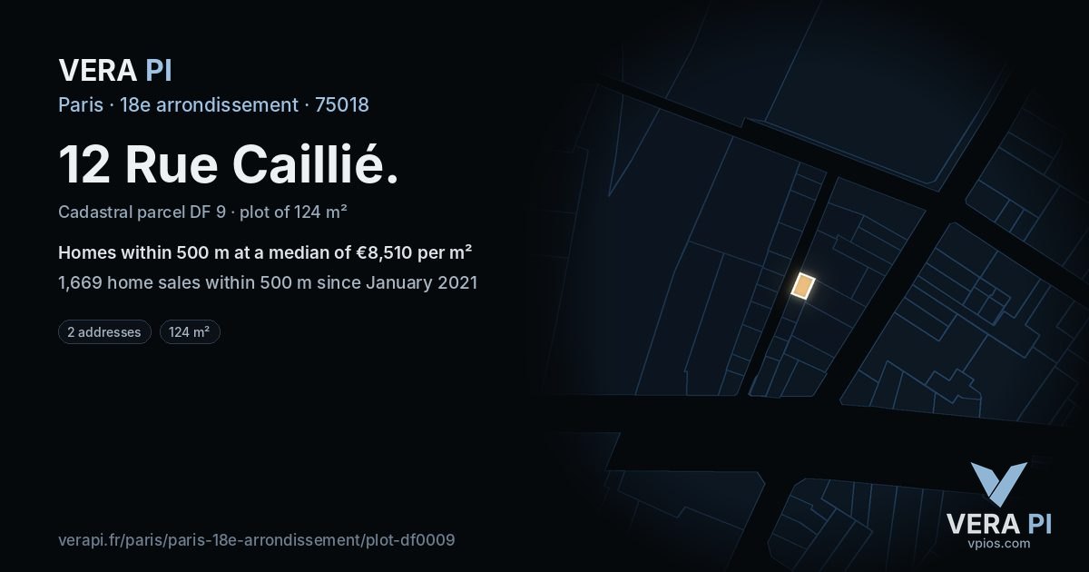 12 Rue Caillié, 18e arrondissement at night – the plot lit, the parcels around coloured by the prices near them