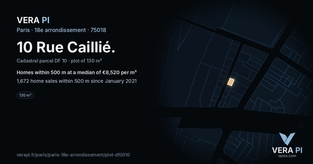 10 Rue Caillié, 18e arrondissement at night – the plot lit, the parcels around coloured by the prices near them