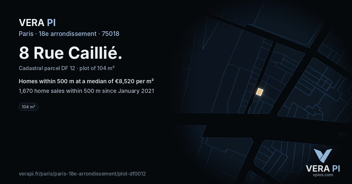 8 Rue Caillié, 18e arrondissement at night – the plot lit, the parcels around coloured by the prices near them