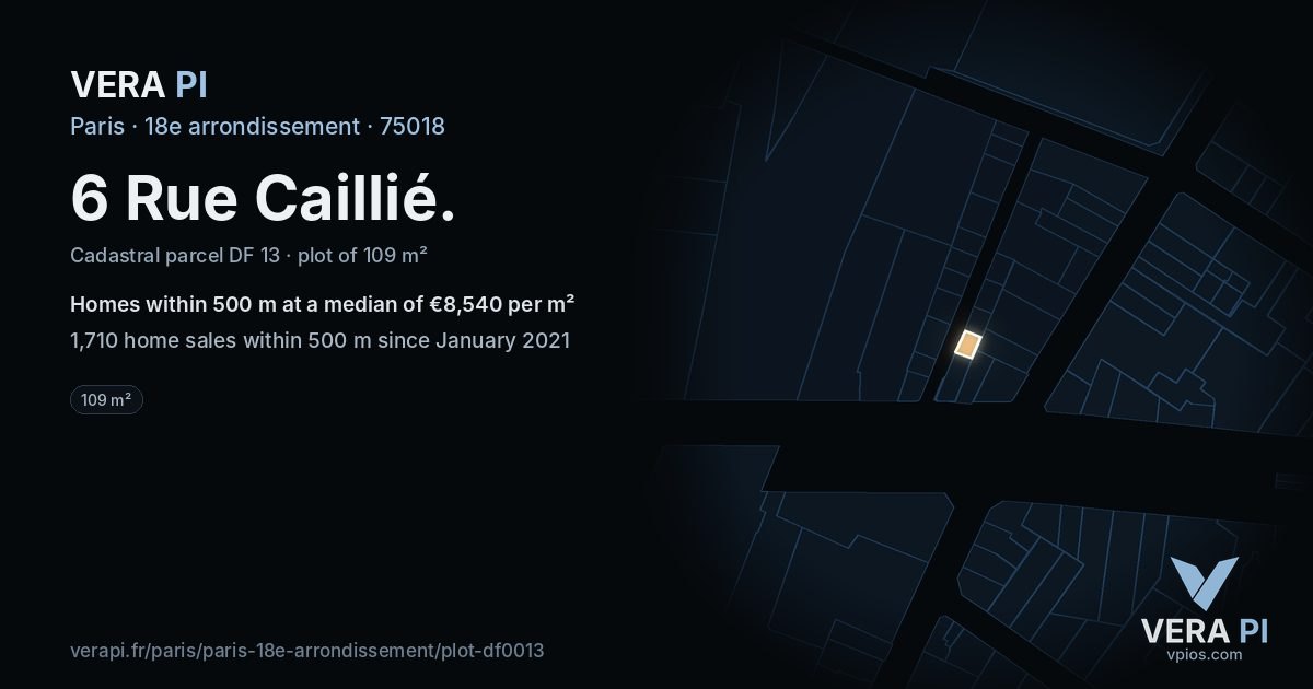 6 Rue Caillié, 18e arrondissement at night – the plot lit, the parcels around coloured by the prices near them