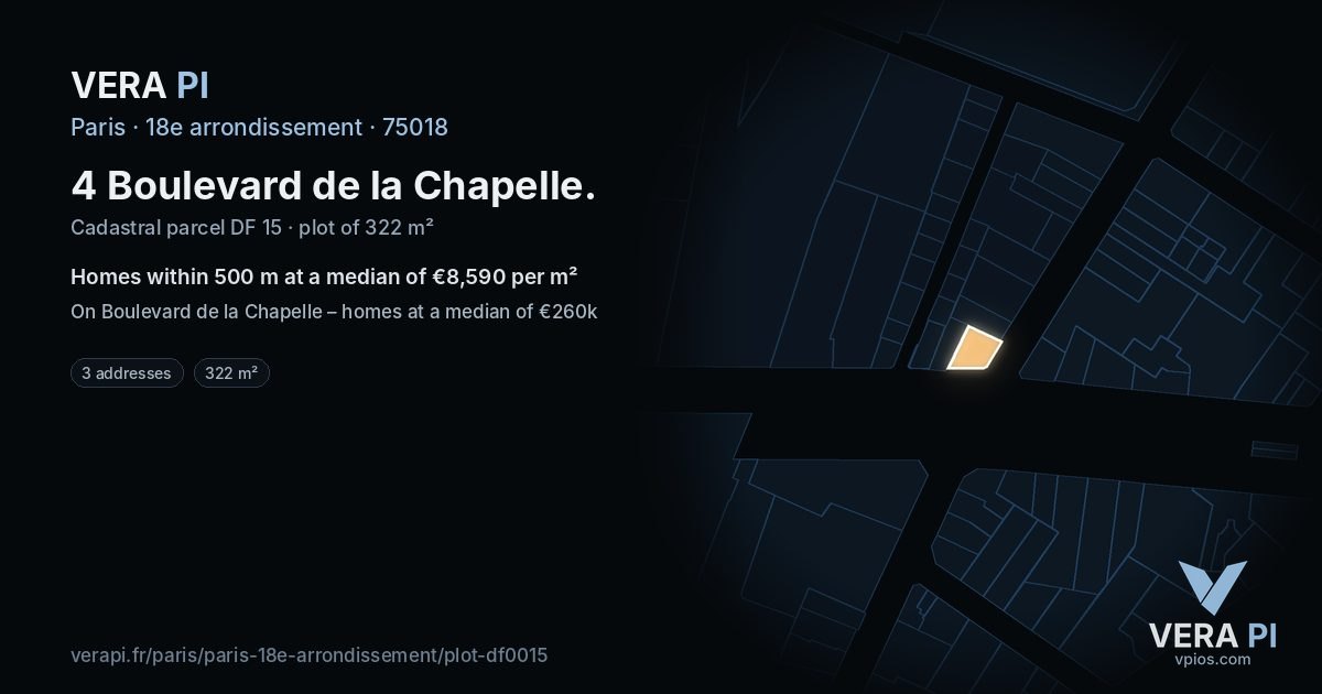 4 Boulevard de la Chapelle, 18e arrondissement at night – the plot lit, the parcels around coloured by the prices near them