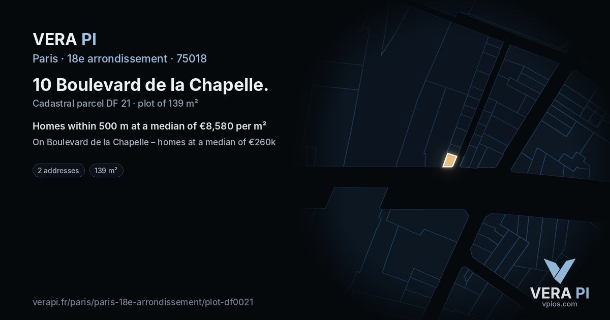 10 Boulevard de la Chapelle, 18e arrondissement at night – the plot lit, the parcels around coloured by the prices near them