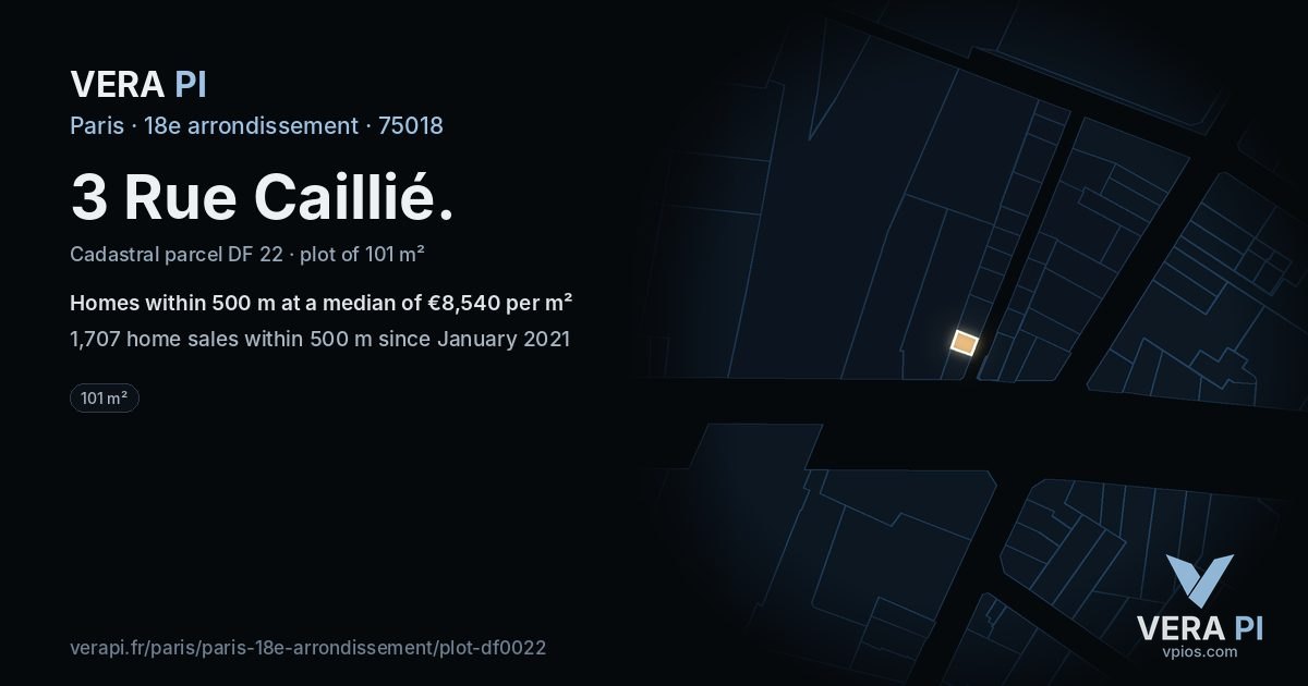 3 Rue Caillié, 18e arrondissement at night – the plot lit, the parcels around coloured by the prices near them