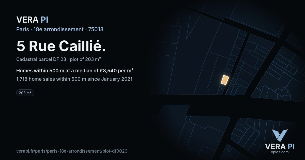 5 Rue Caillié, 18e arrondissement at night – the plot lit, the parcels around coloured by the prices near them