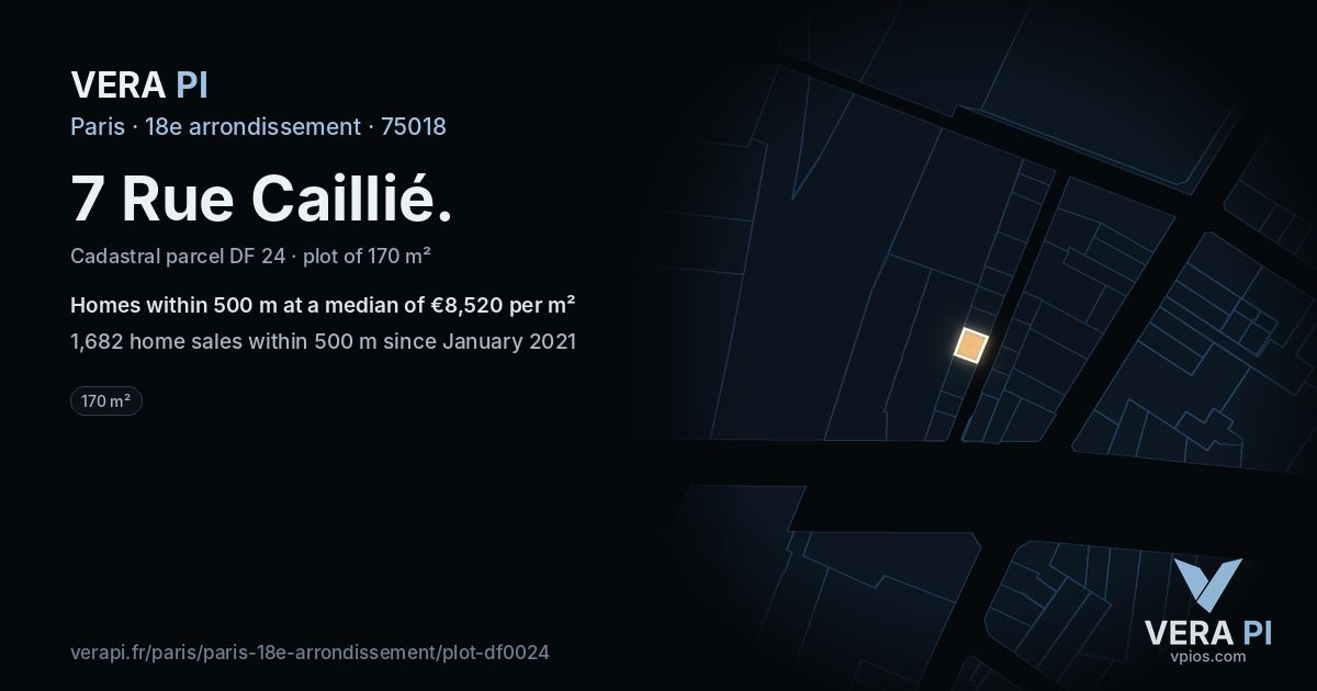 7 Rue Caillié, 18e arrondissement at night – the plot lit, the parcels around coloured by the prices near them
