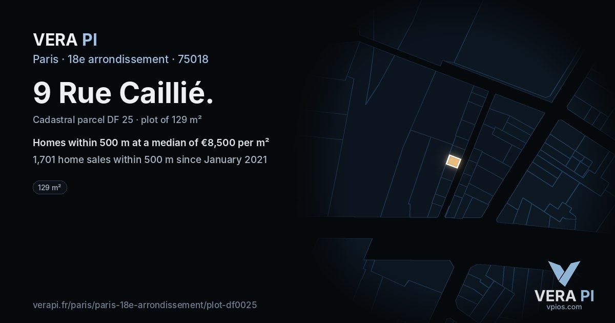 9 Rue Caillié, 18e arrondissement at night – the plot lit, the parcels around coloured by the prices near them