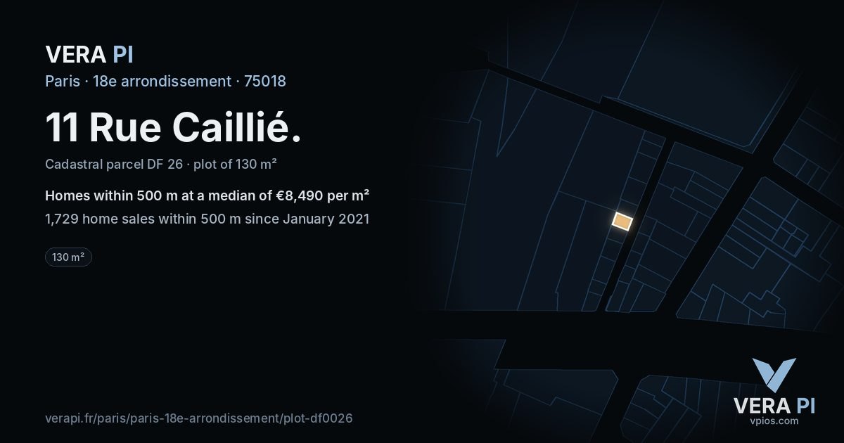 11 Rue Caillié, 18e arrondissement at night – the plot lit, the parcels around coloured by the prices near them