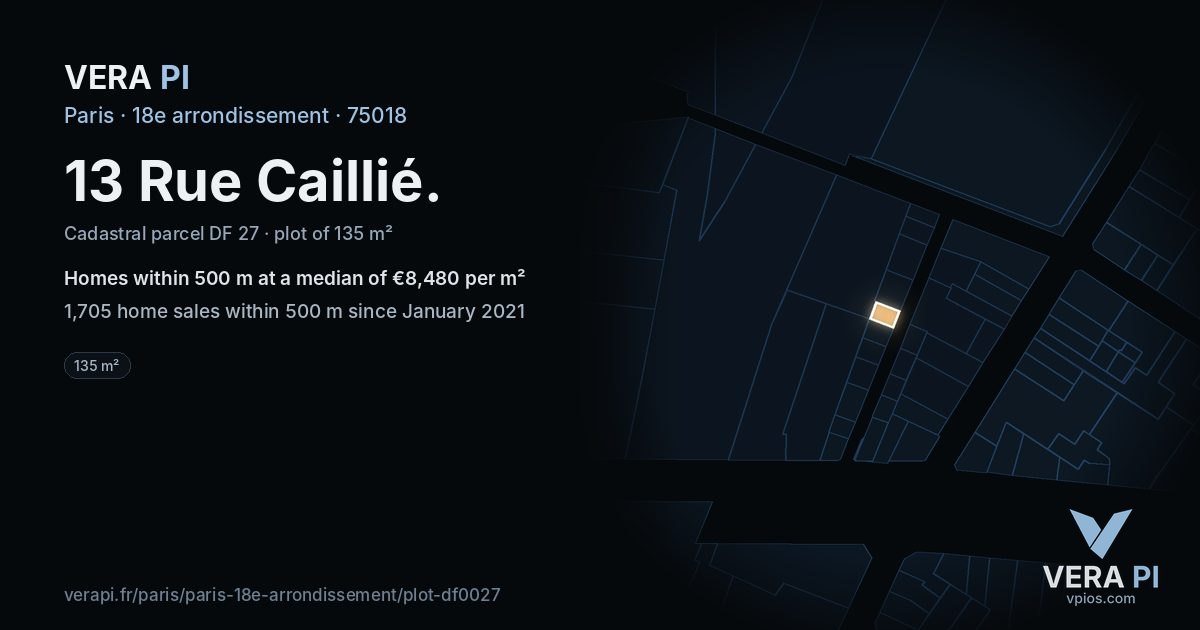 13 Rue Caillié, 18e arrondissement at night – the plot lit, the parcels around coloured by the prices near them
