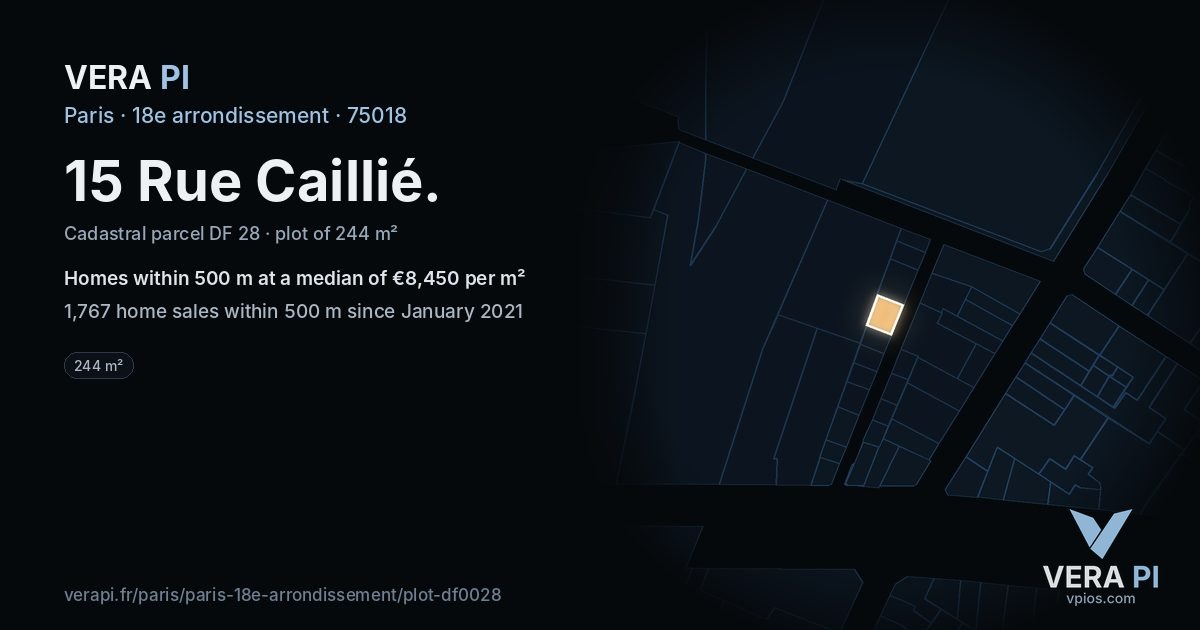 15 Rue Caillié, 18e arrondissement at night – the plot lit, the parcels around coloured by the prices near them