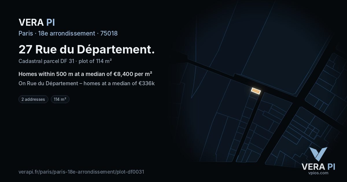 27 Rue du Département, 18e arrondissement at night – the plot lit, the parcels around coloured by the prices near them