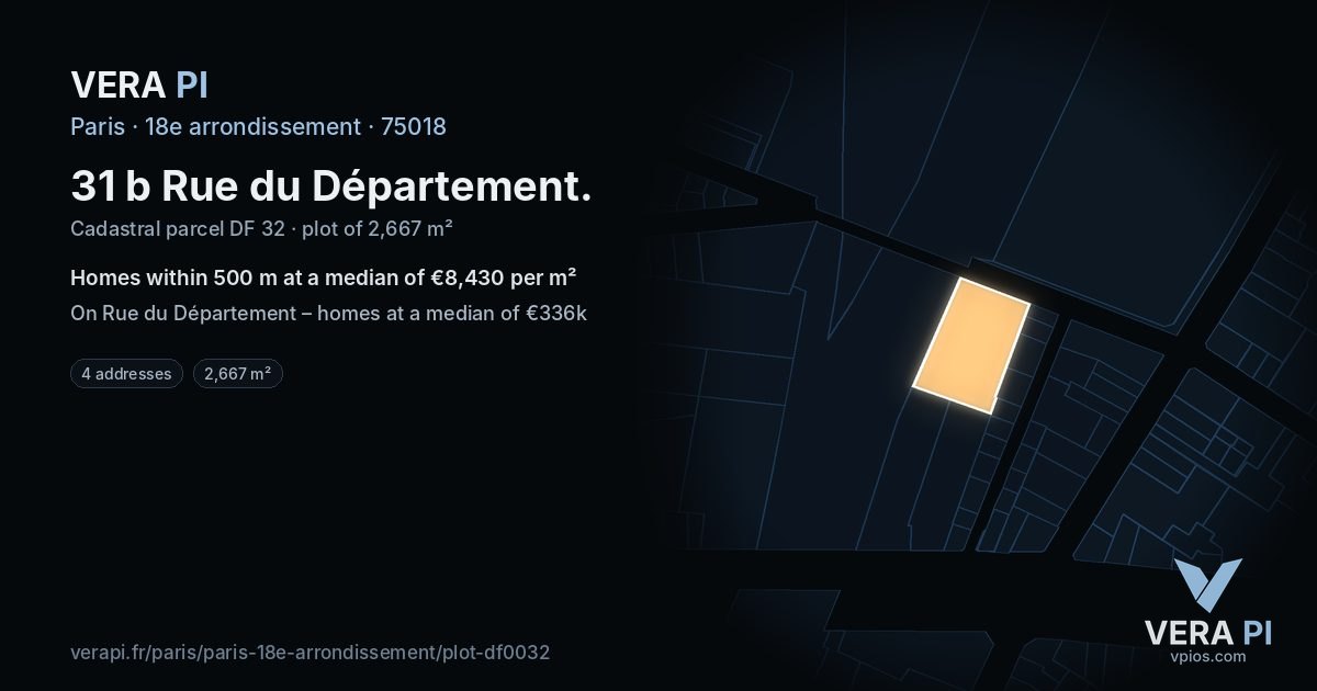 31 b Rue du Département, 18e arrondissement at night – the plot lit, the parcels around coloured by the prices near them