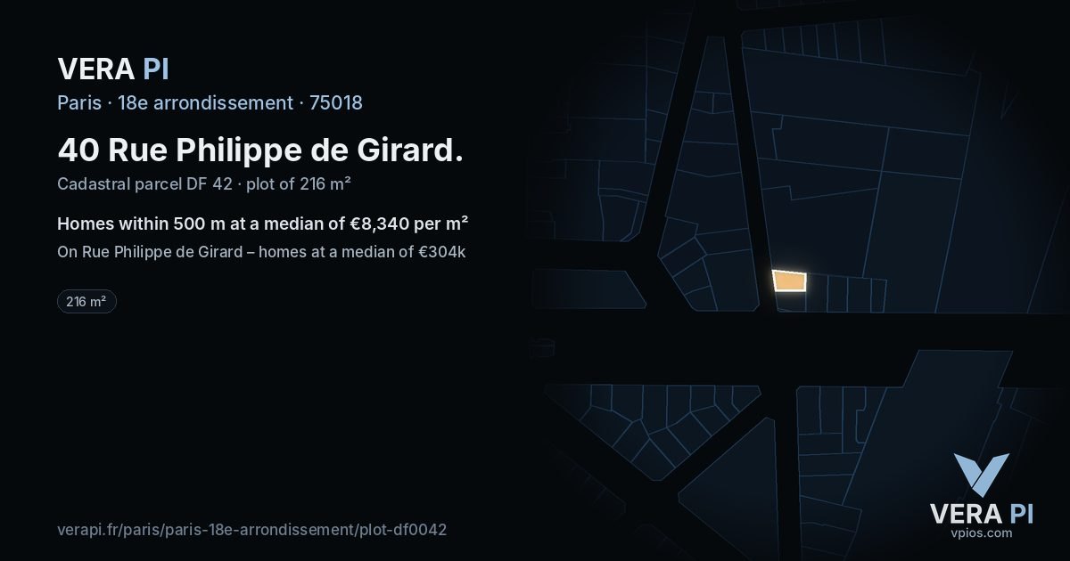 40 Rue Philippe de Girard, 18e arrondissement at night – the plot lit, the parcels around coloured by the prices near them