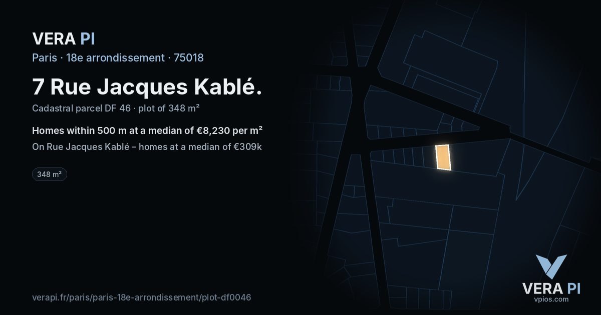 7 Rue Jacques Kablé, 18e arrondissement at night – the plot lit, the parcels around coloured by the prices near them