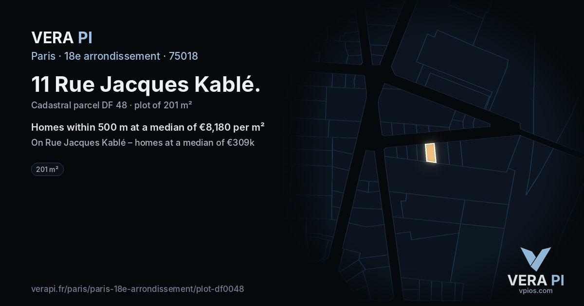 11 Rue Jacques Kablé, 18e arrondissement at night – the plot lit, the parcels around coloured by the prices near them