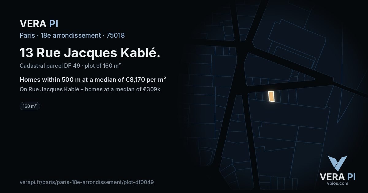 13 Rue Jacques Kablé, 18e arrondissement at night – the plot lit, the parcels around coloured by the prices near them
