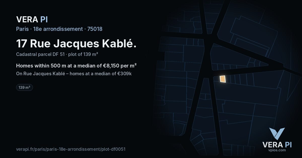 17 Rue Jacques Kablé, 18e arrondissement at night – the plot lit, the parcels around coloured by the prices near them