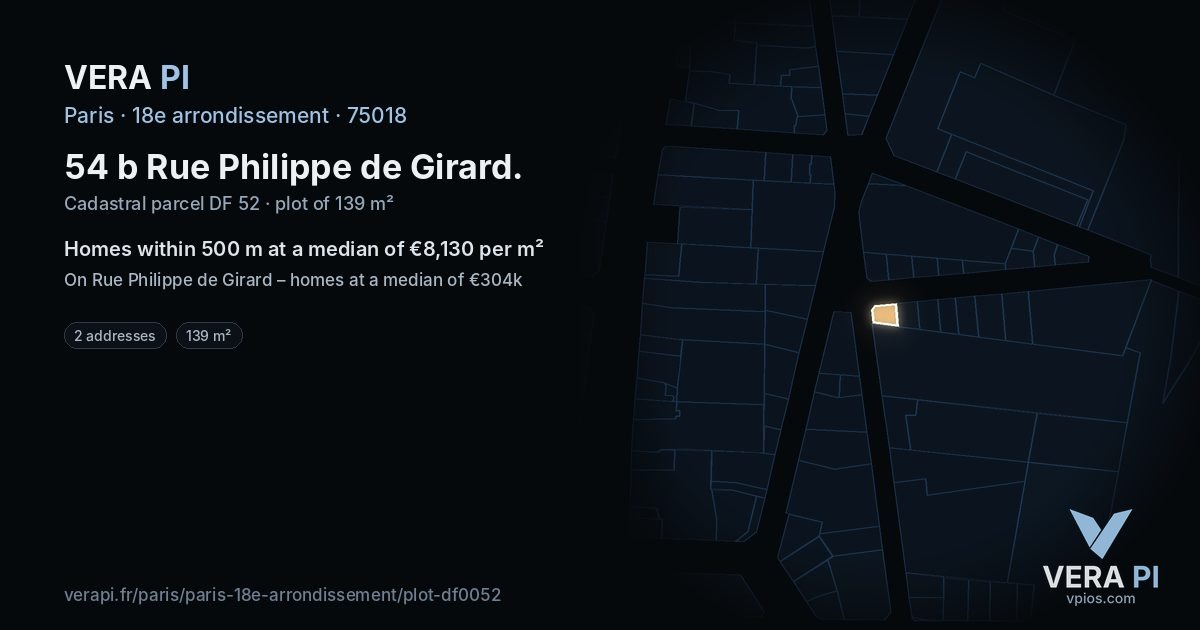 54 b Rue Philippe de Girard, 18e arrondissement at night – the plot lit, the parcels around coloured by the prices near them