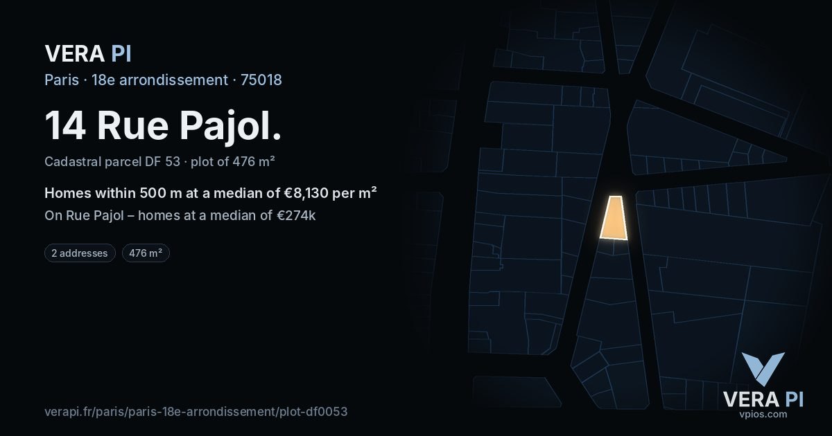 14 Rue Pajol, 18e arrondissement at night – the plot lit, the parcels around coloured by the prices near them