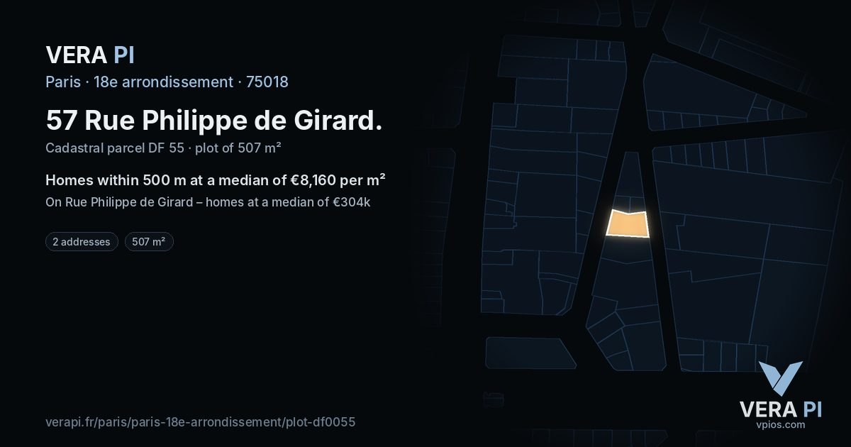 57 Rue Philippe de Girard, 18e arrondissement at night – the plot lit, the parcels around coloured by the prices near them