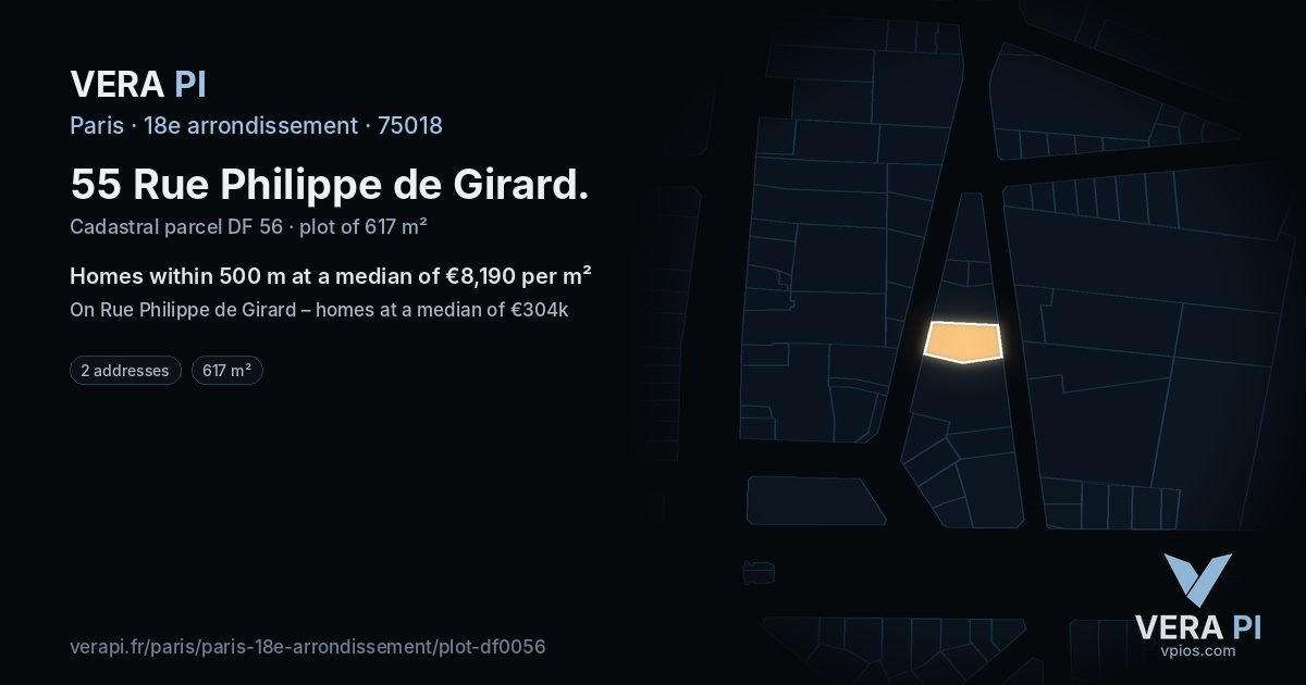 55 Rue Philippe de Girard, 18e arrondissement at night – the plot lit, the parcels around coloured by the prices near them