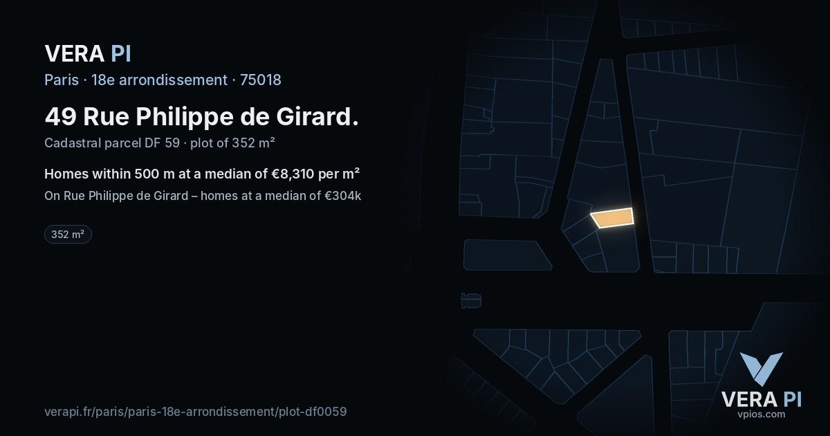 49 Rue Philippe de Girard, 18e arrondissement at night – the plot lit, the parcels around coloured by the prices near them