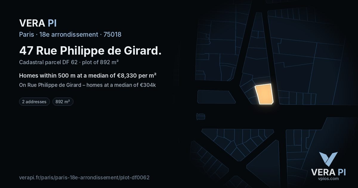47 Rue Philippe de Girard, 18e arrondissement at night – the plot lit, the parcels around coloured by the prices near them