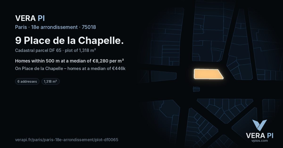 9 Place de la Chapelle, 18e arrondissement at night – the plot lit, the parcels around coloured by the prices near them