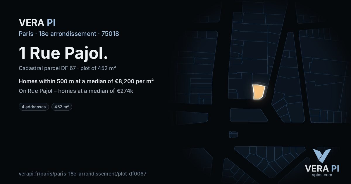 1 Rue Pajol, 18e arrondissement at night – the plot lit, the parcels around coloured by the prices near them