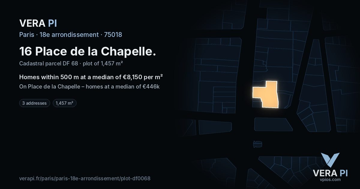 16 Place de la Chapelle, 18e arrondissement at night – the plot lit, the parcels around coloured by the prices near them