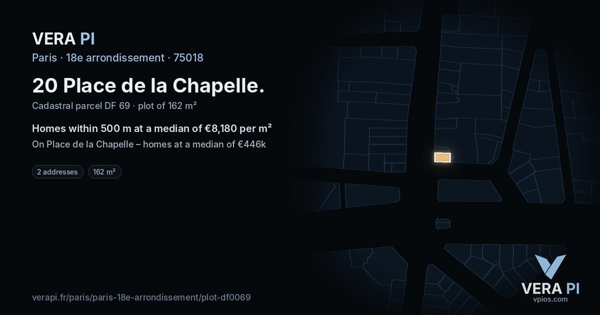 20 Place de la Chapelle, 18e arrondissement at night – the plot lit, the parcels around coloured by the prices near them