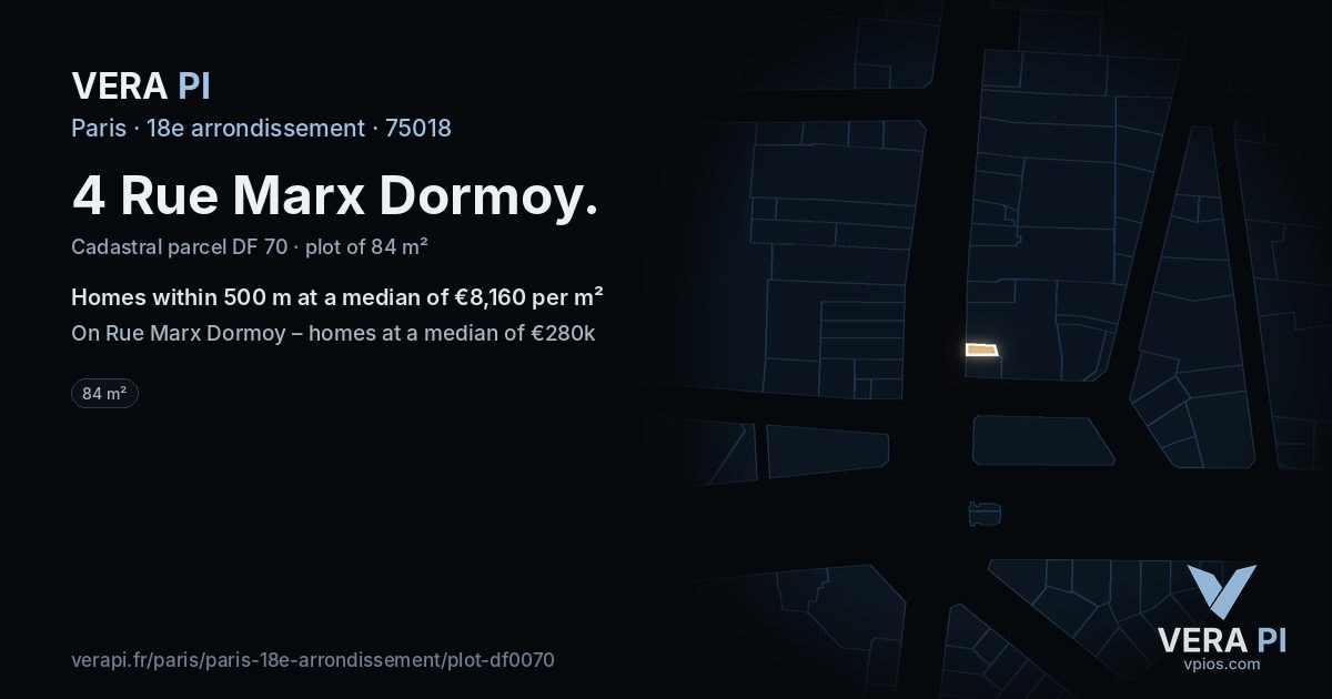 4 Rue Marx Dormoy, 18e arrondissement at night – the plot lit, the parcels around coloured by the prices near them