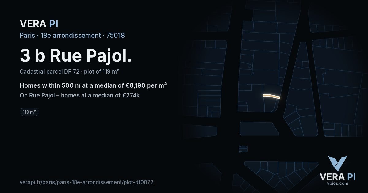3 b Rue Pajol, 18e arrondissement at night – the plot lit, the parcels around coloured by the prices near them