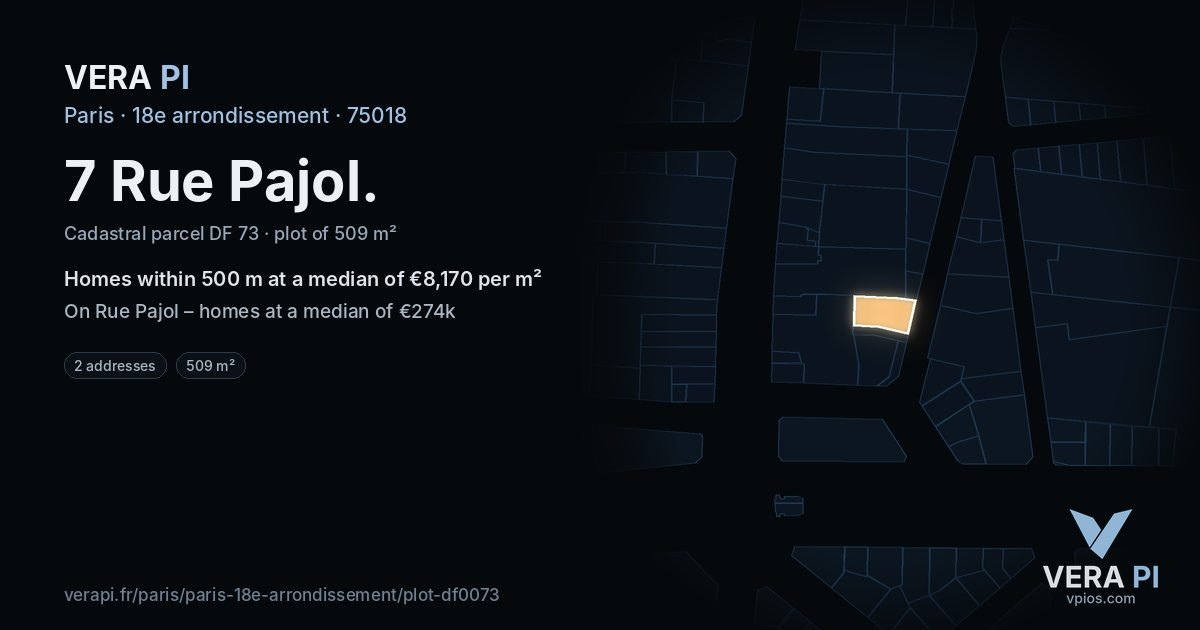 7 Rue Pajol, 18e arrondissement at night – the plot lit, the parcels around coloured by the prices near them