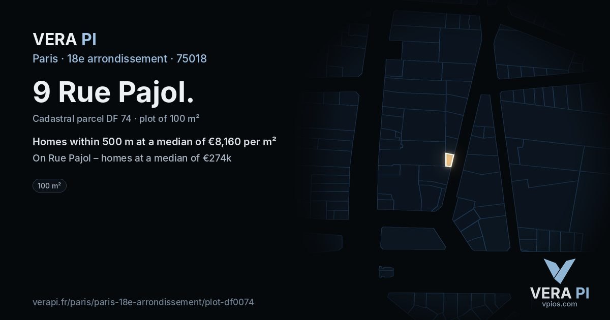9 Rue Pajol, 18e arrondissement at night – the plot lit, the parcels around coloured by the prices near them