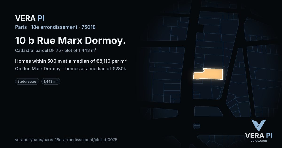 10 b Rue Marx Dormoy, 18e arrondissement at night – the plot lit, the parcels around coloured by the prices near them