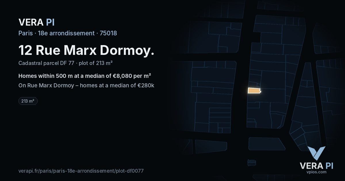 12 Rue Marx Dormoy, 18e arrondissement at night – the plot lit, the parcels around coloured by the prices near them