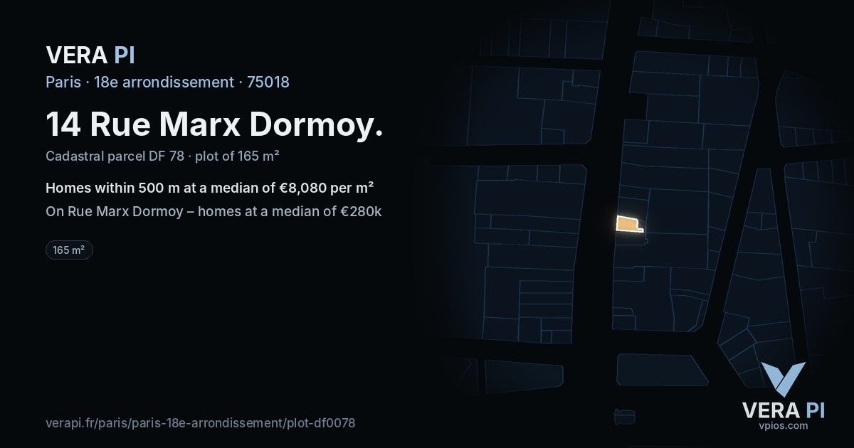 14 Rue Marx Dormoy, 18e arrondissement at night – the plot lit, the parcels around coloured by the prices near them