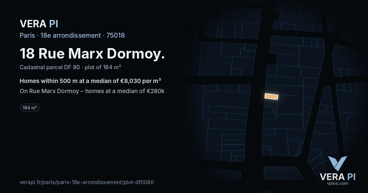 18 Rue Marx Dormoy, 18e arrondissement at night – the plot lit, the parcels around coloured by the prices near them