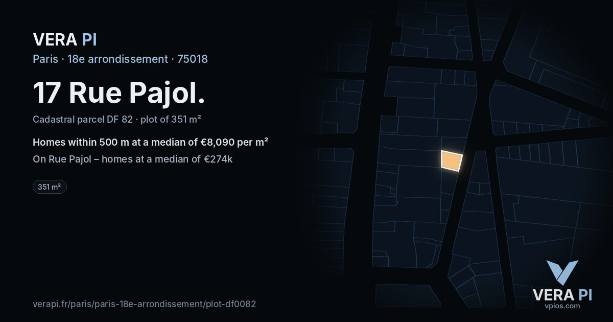 17 Rue Pajol, 18e arrondissement at night – the plot lit, the parcels around coloured by the prices near them