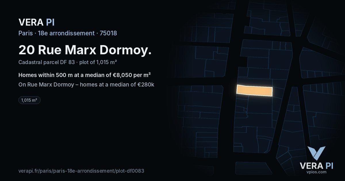 20 Rue Marx Dormoy, 18e arrondissement at night – the plot lit, the parcels around coloured by the prices near them