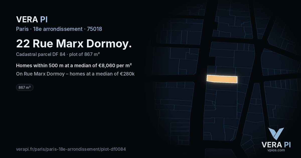 22 Rue Marx Dormoy, 18e arrondissement at night – the plot lit, the parcels around coloured by the prices near them