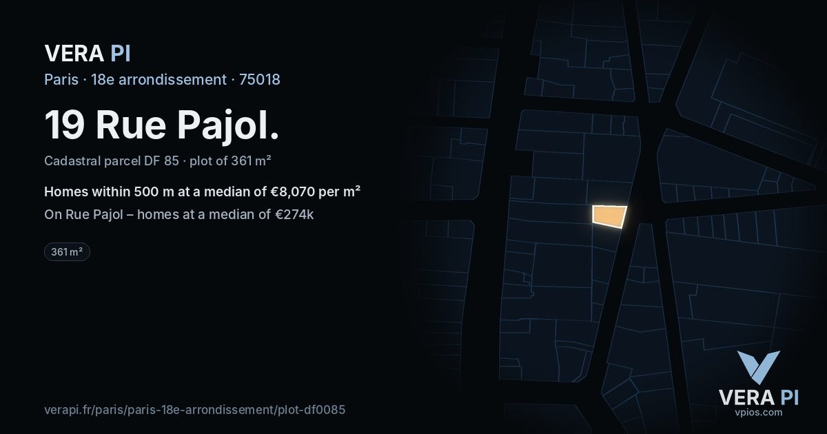 19 Rue Pajol, 18e arrondissement at night – the plot lit, the parcels around coloured by the prices near them
