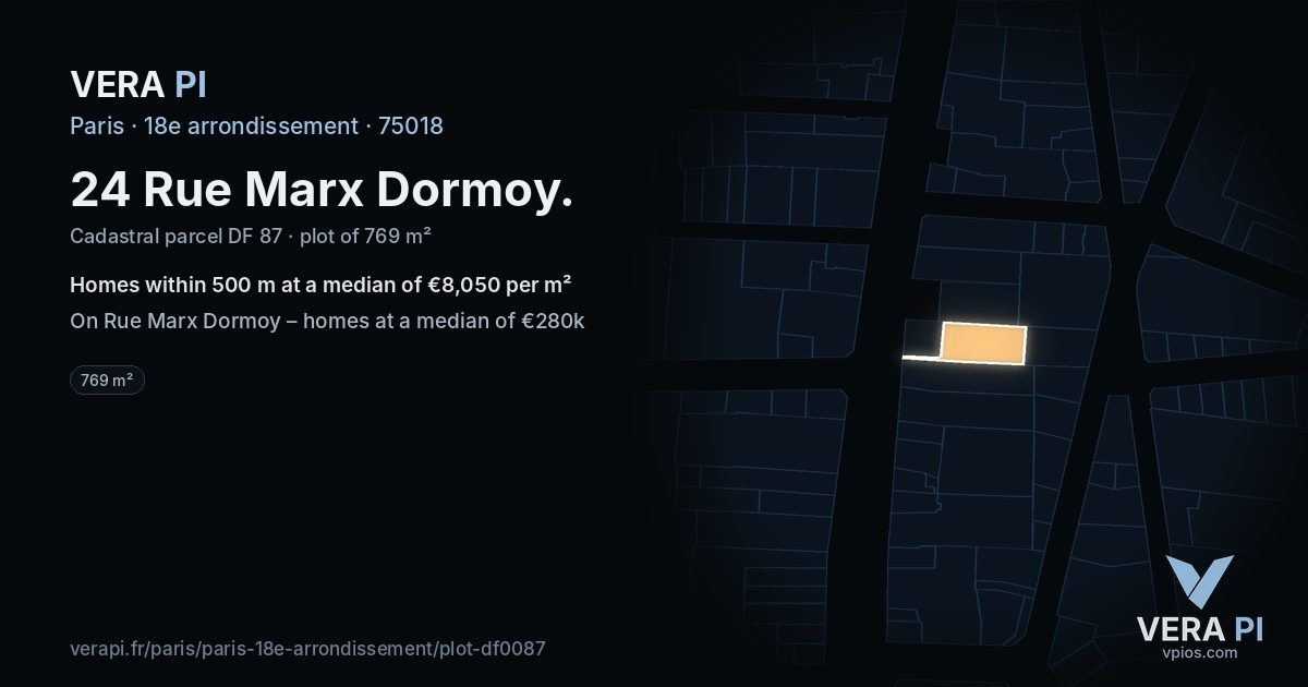 24 Rue Marx Dormoy, 18e arrondissement at night – the plot lit, the parcels around coloured by the prices near them