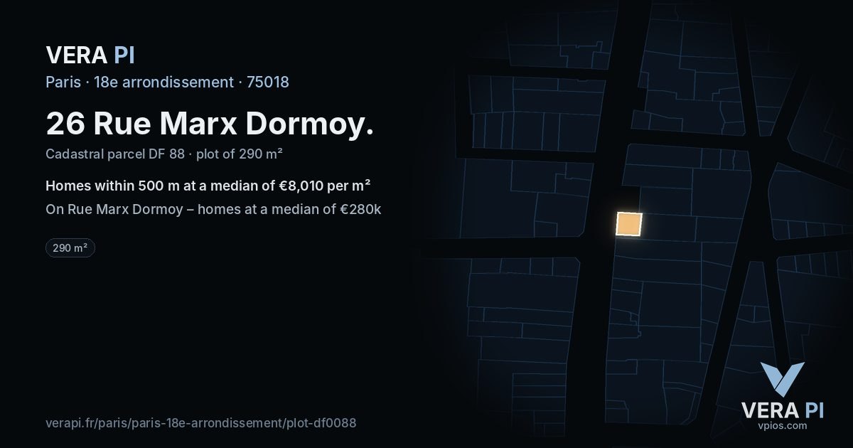 26 Rue Marx Dormoy, 18e arrondissement at night – the plot lit, the parcels around coloured by the prices near them