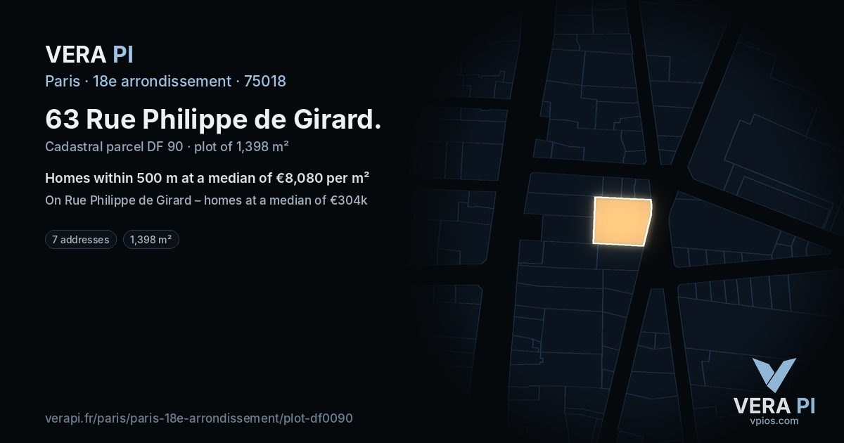 63 Rue Philippe de Girard, 18e arrondissement at night – the plot lit, the parcels around coloured by the prices near them