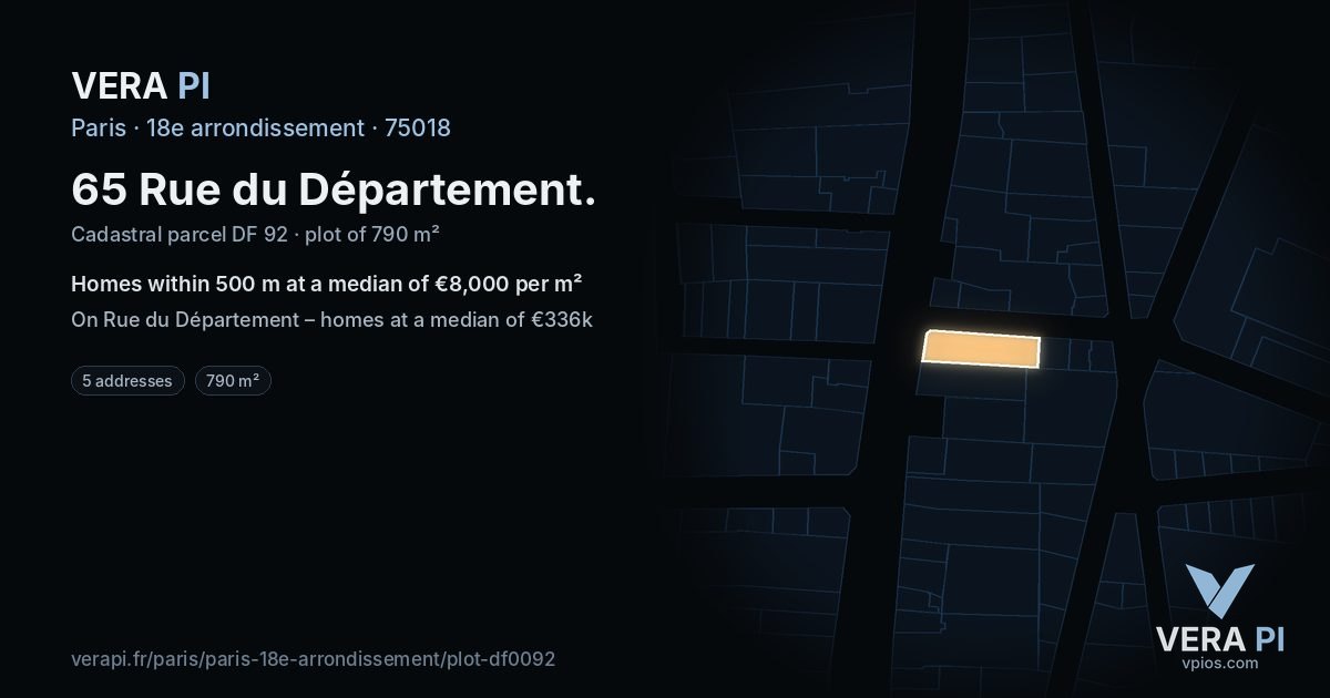65 Rue du Département, 18e arrondissement at night – the plot lit, the parcels around coloured by the prices near them